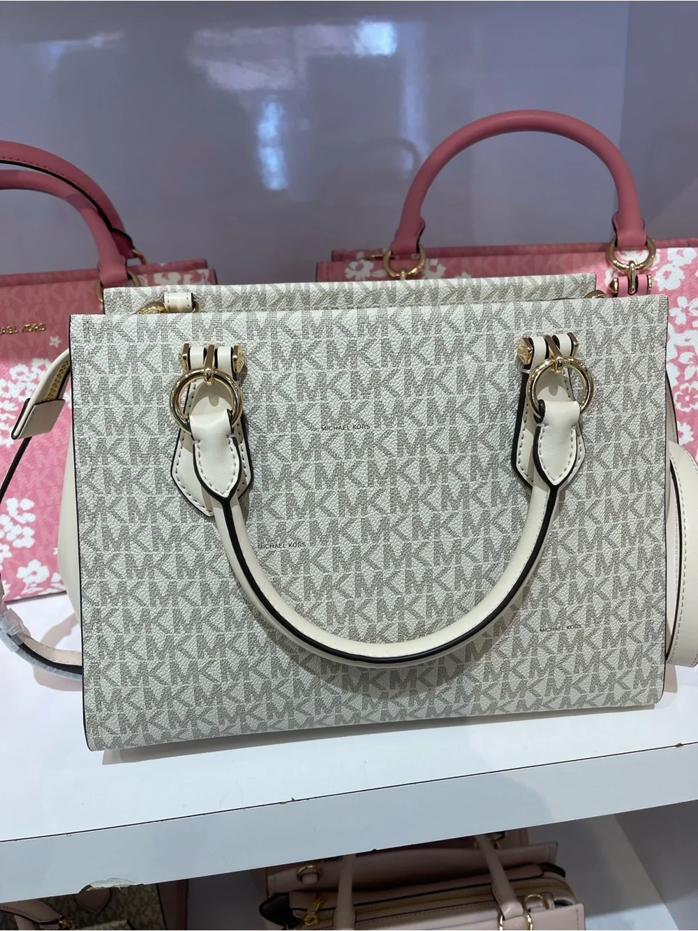 Michael Kors Marilyn Medium Embellished Signature Logo Satchel Light Cream  NWT